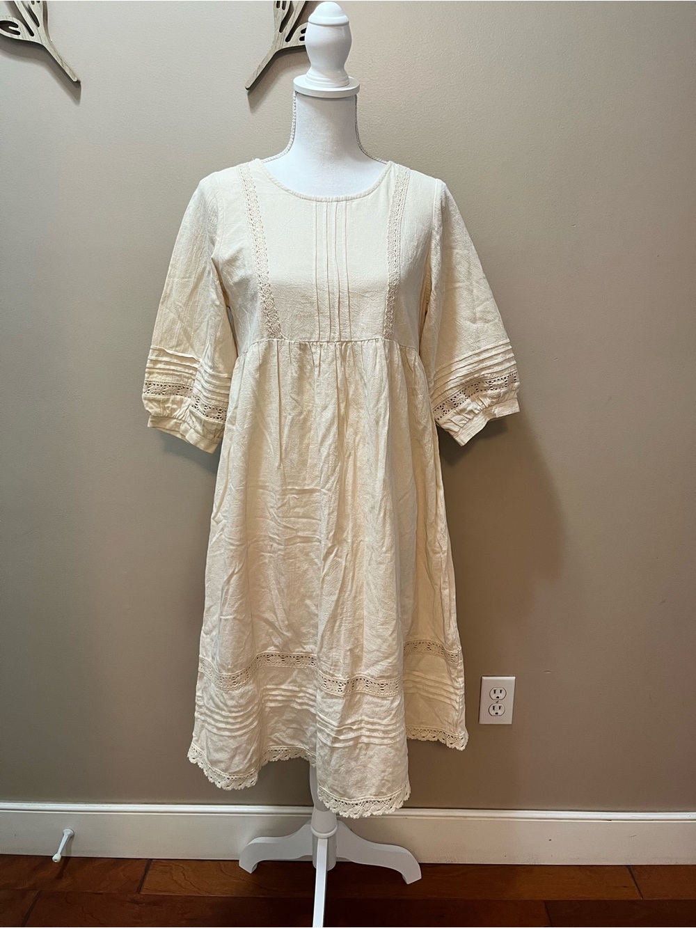Hoi Cream Cottagcore Lace-Trim Midi Dress Cotton/Linen Size Large